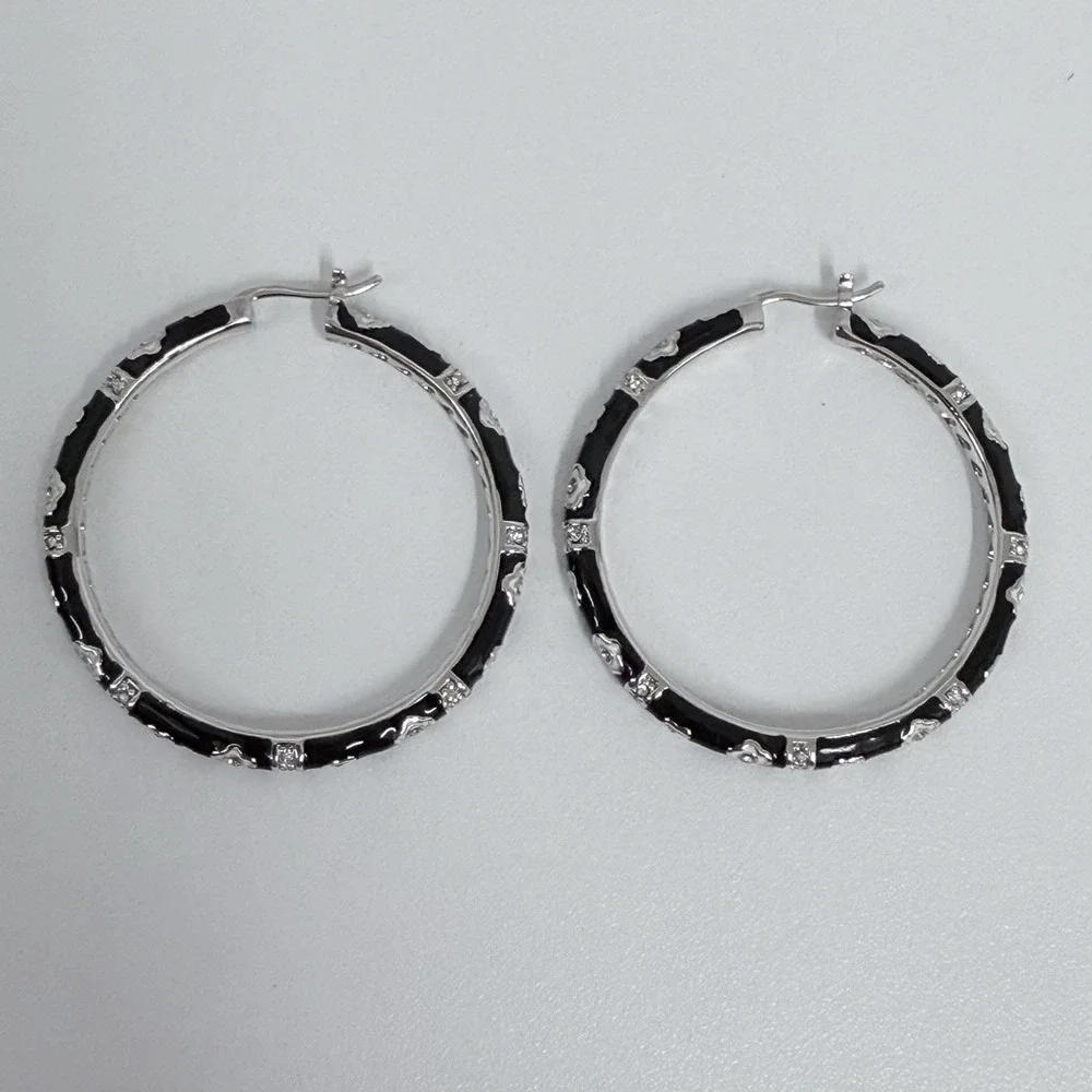 Lauren G Adams Large Enamel Hoop Earrings Black CZ's Silver Tone Metal Pierced